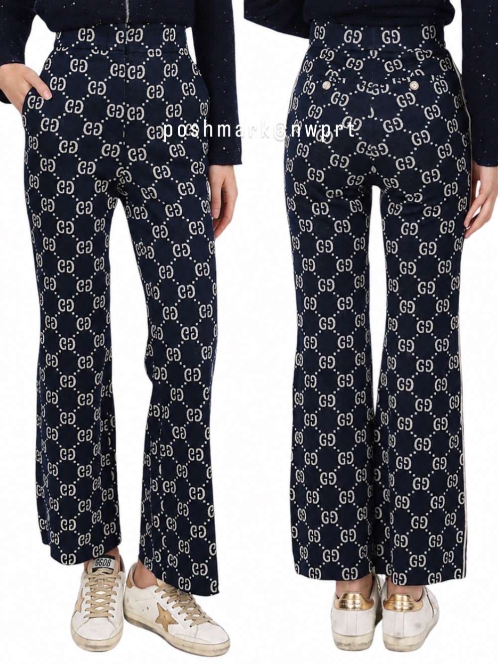 GUCCI 💯 Navy Ivory GG Logo Knit Pants Trousers 36 0 XS